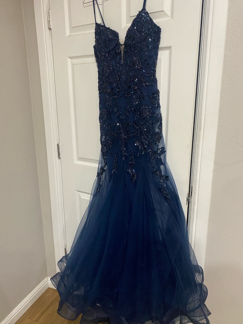Navy Beaded Tulle Mermaid Evening Gown